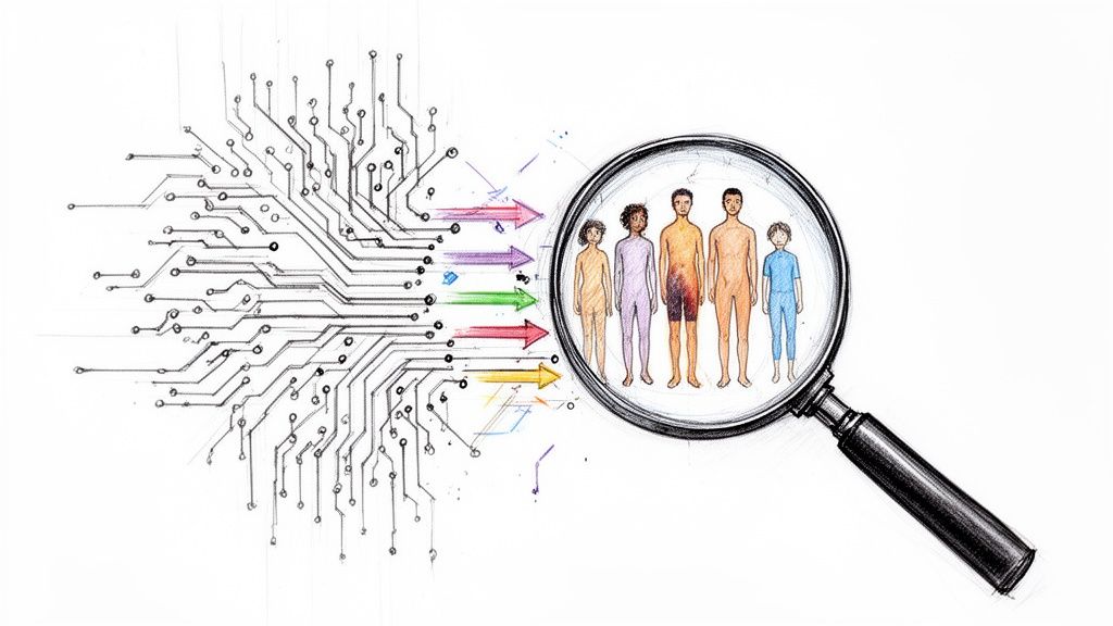 A circuit board routes data towards a magnifying glass examining diverse human figures, symbolizing AI in healthcare.