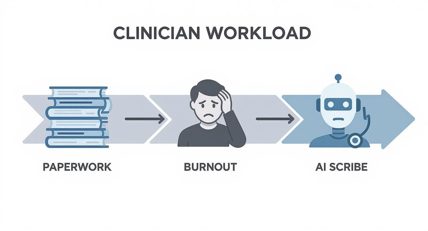 Infographic showing the process from paperwork causing burnout to an AI scribe solution.