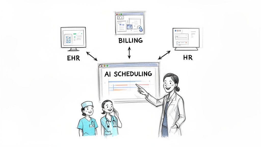 A doctor explains an AI scheduling system integrating EHR, billing, and HR to two nurses.