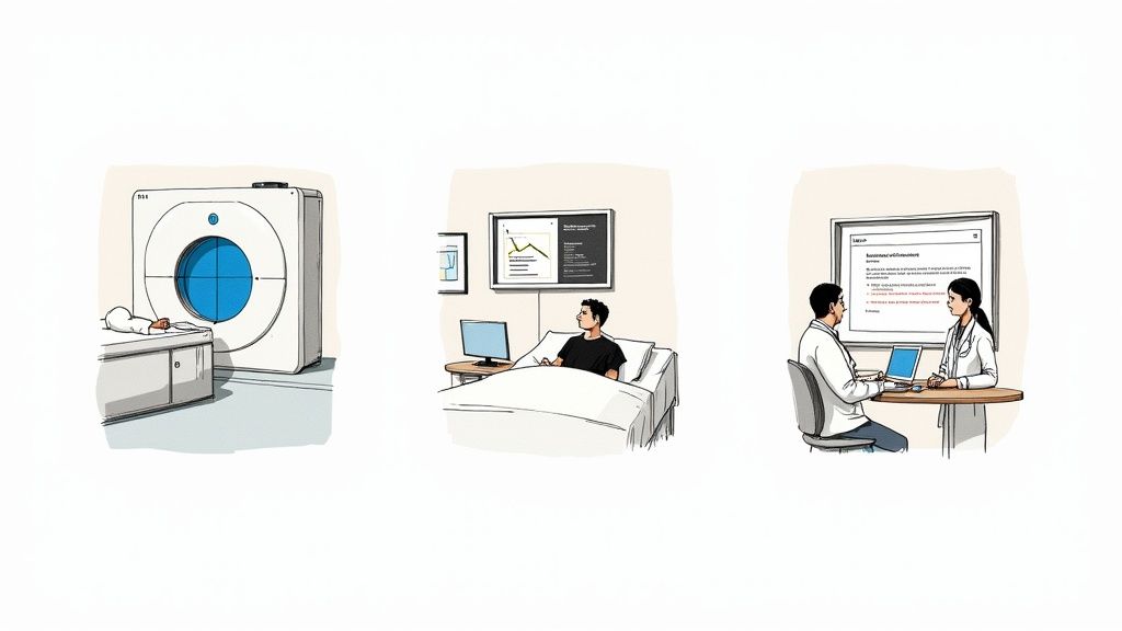 Healthcare AI consulting workflow showing CT scanner, patient consultation, and medical professionals discussing treatment strategy