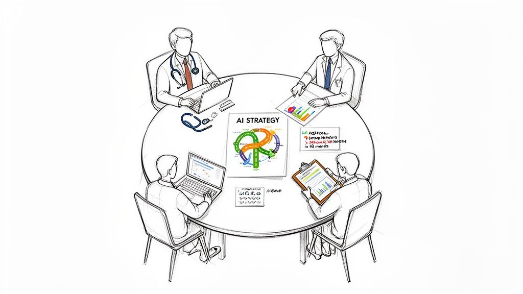 Four medical professionals discuss an AI strategy roadmap at a round table, focusing on clinical adoption.