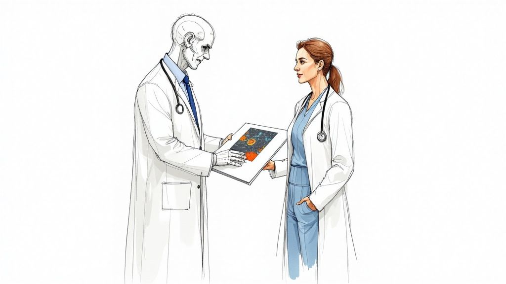 Two doctors, one human and one AI, collaborate while examining a complex medical scan.