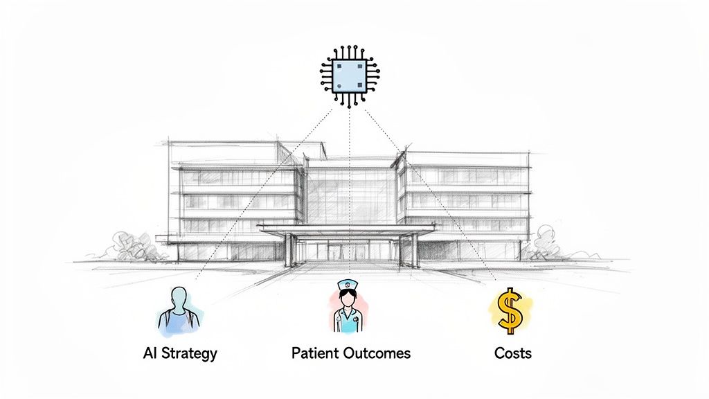 A sketch of a hospital building with an AI microchip influencing AI strategy, patient outcomes, and costs.