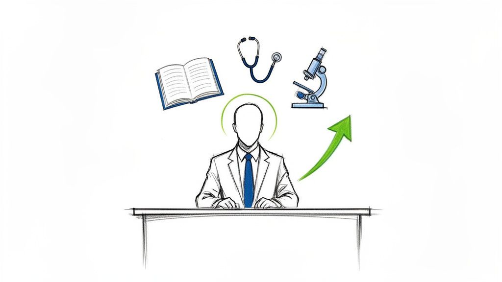 An illustration depicting a professional surrounded by medical and scientific tools, symbolizing growth.