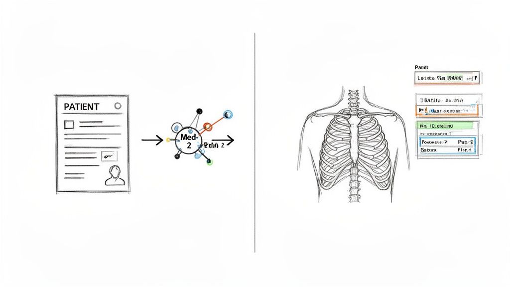 Conceptual diagram of medical information processing, linking patient data, medication, pain, and anatomical records.