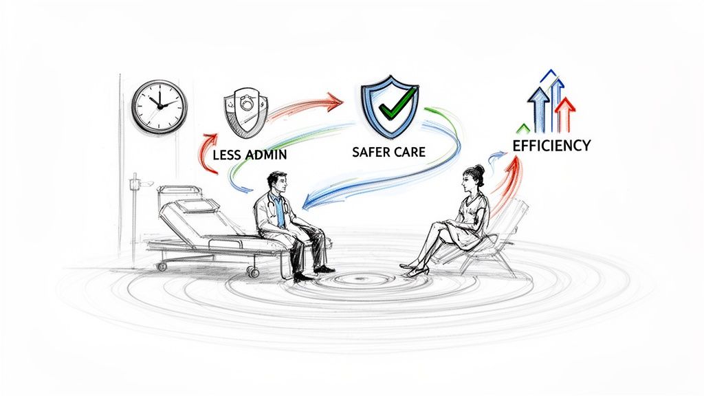 Diagram illustrating how less administrative work leads to safer patient care and improved healthcare efficiency.