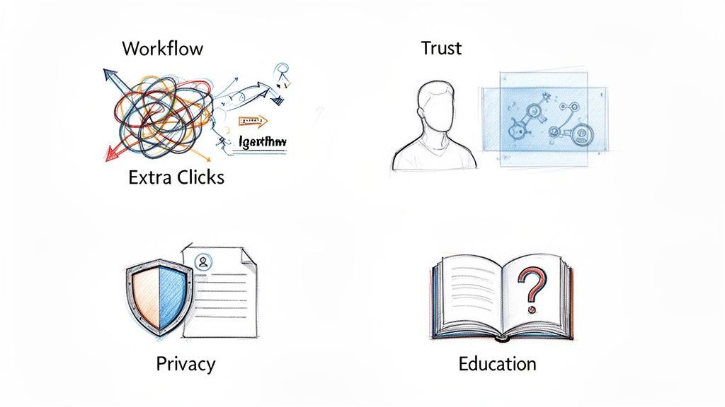 Sketches illustrate four key implementation hurdles for clinician AI adoption: workflow, trust, privacy, education.