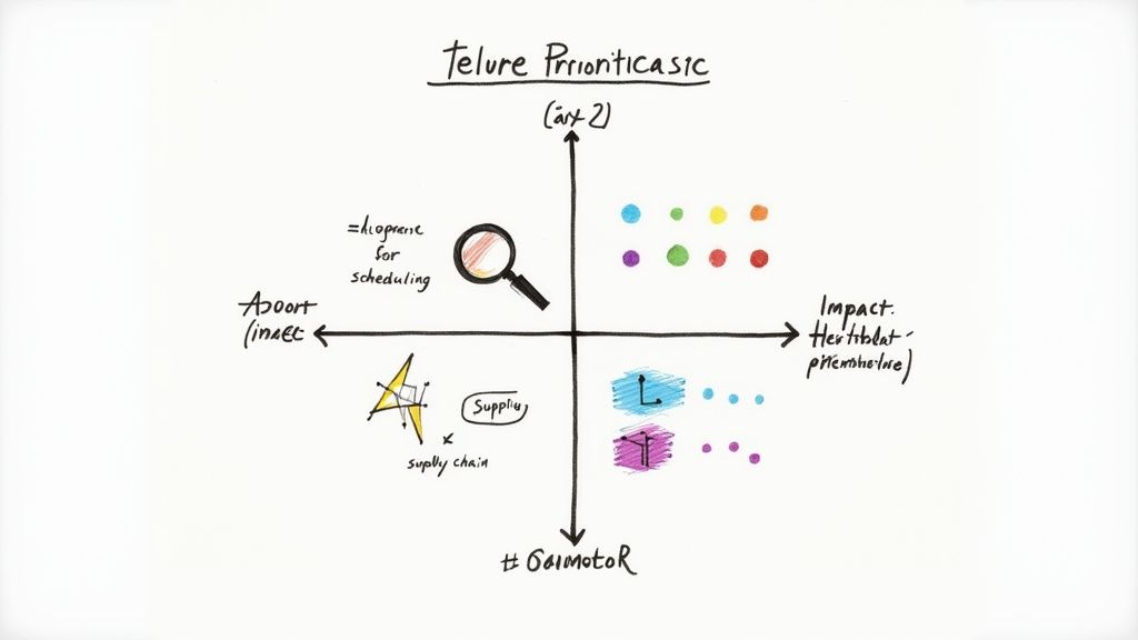 A healthcare professional analyzing data on a futuristic interface, representing the identification of AI opportunities.
