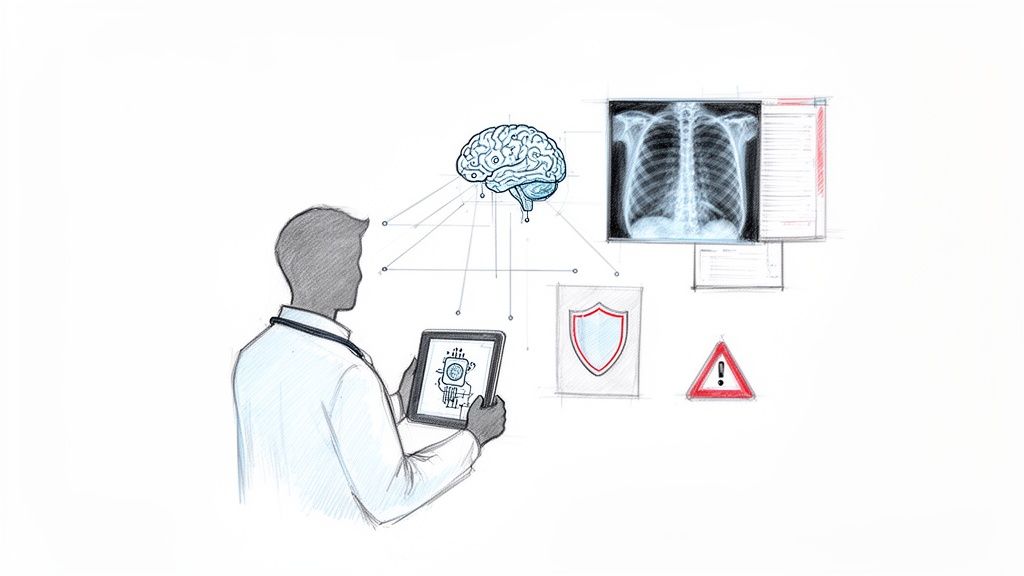 A doctor uses a tablet to analyze medical data, including brain scans and X-rays, with AI for risk management.