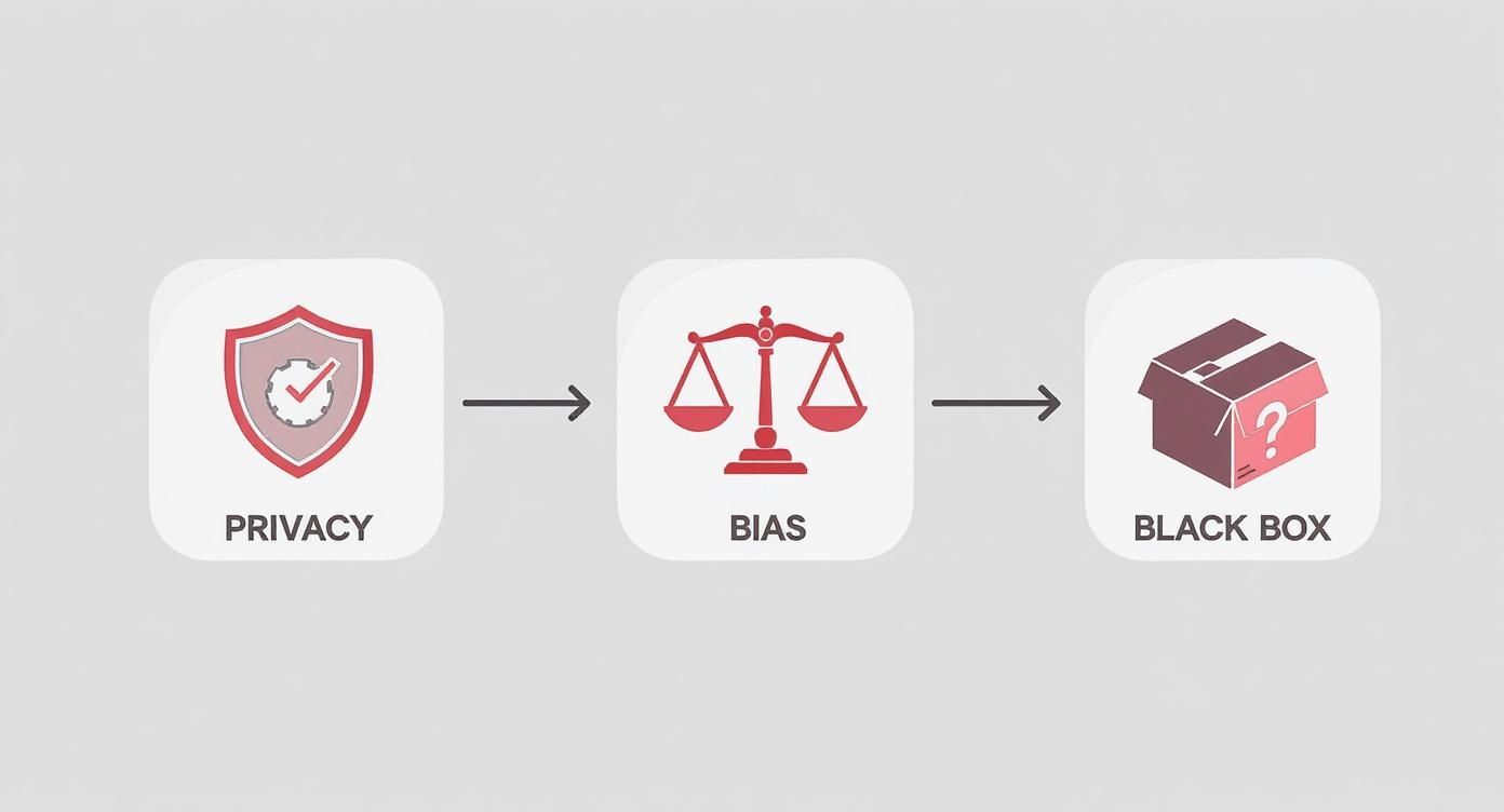An infographic showing a process flow of AI risks, including icons for privacy, bias, and the black box problem.