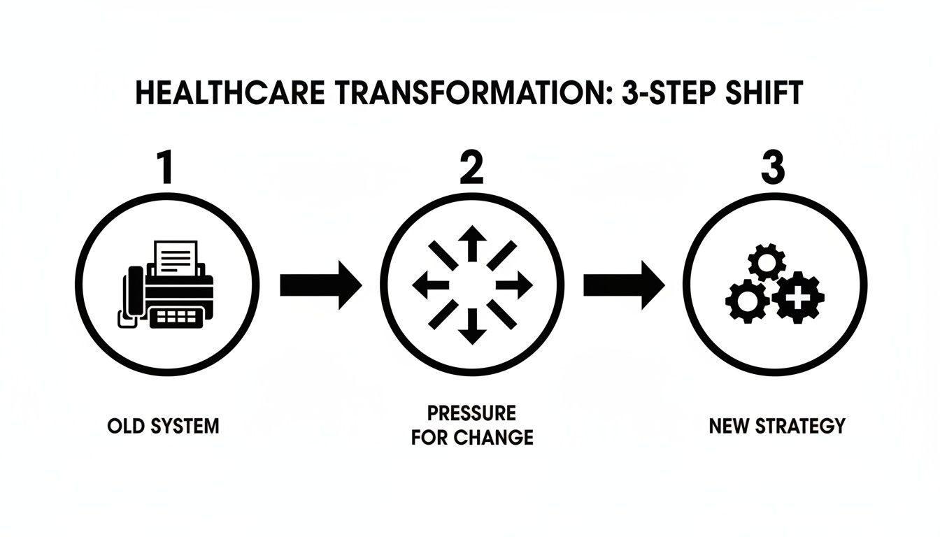 Diagram showing healthcare transformation from old systems to new strategies, driven by pressure for change.