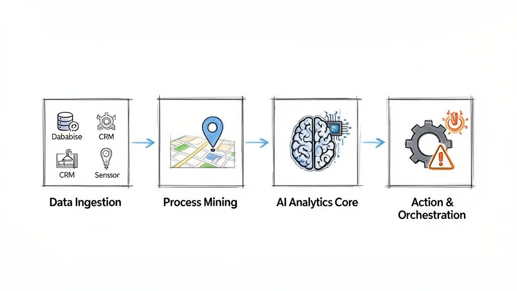 Flowchart depicting a four-step AI analytics process: data ingestion, process mining, AI core, and action orchestration.