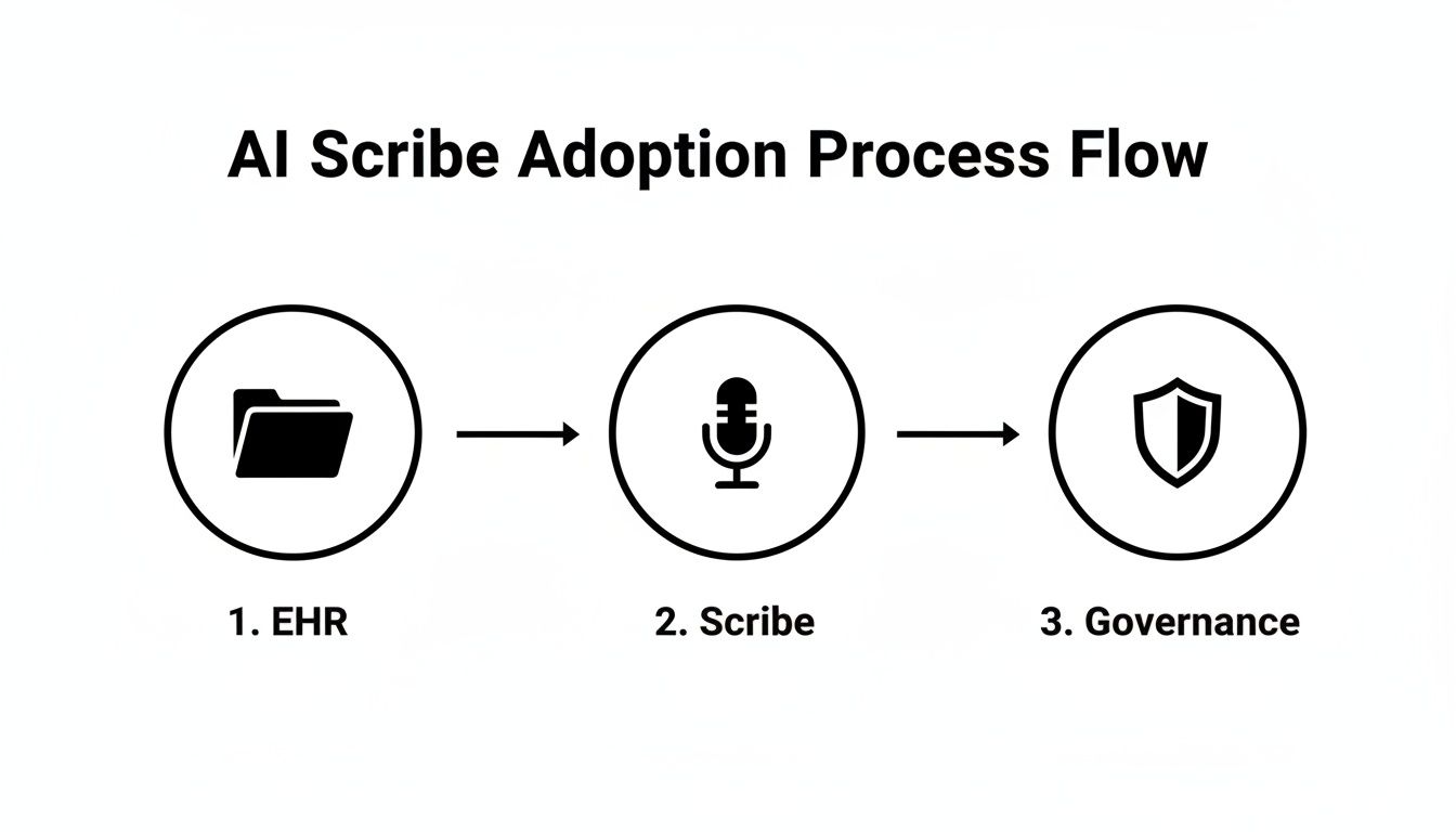 Diagram illustrating the AI Scribe Adoption Process Flow with three sequential steps: EHR, Scribe, and Governance.