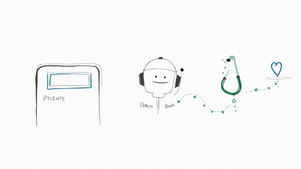 Illustrations depicting patient records, an AI assistant searching, and a stethoscope with a heart.