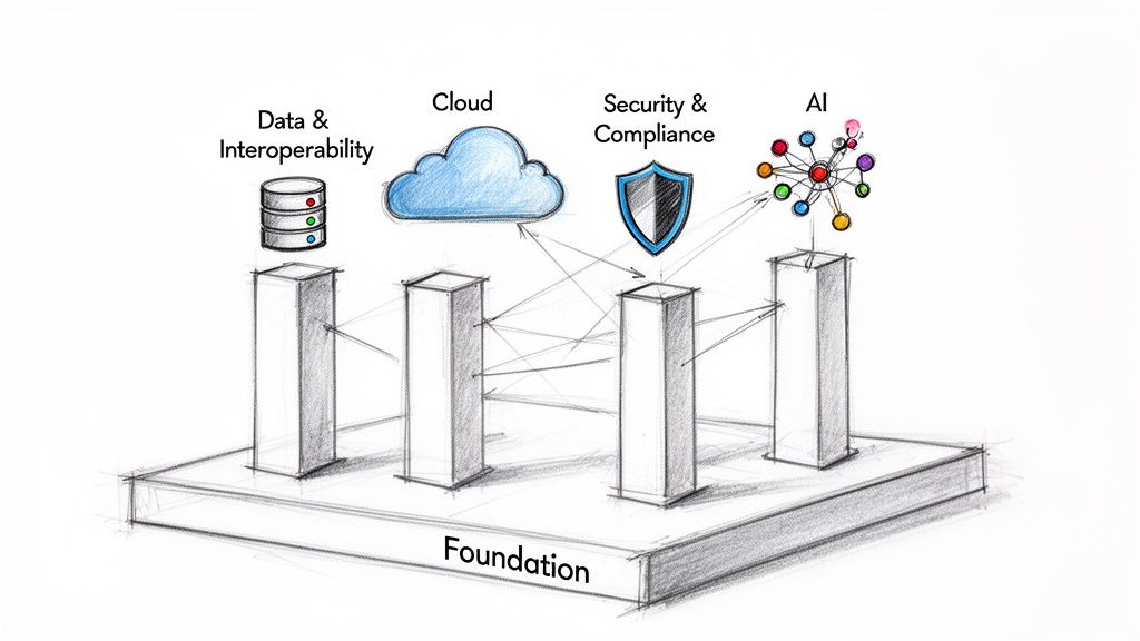 Conceptual diagram showing a foundation supporting pillars for data, cloud, security, and AI.