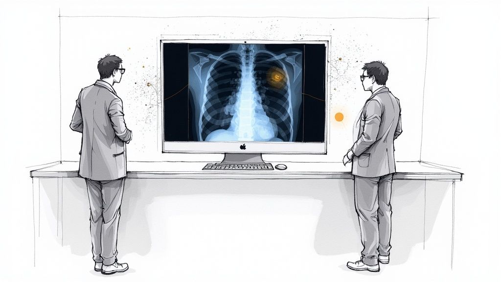 Two doctors review an AI-enhanced X-ray scan showing a highlighted anomaly on a large computer monitor.