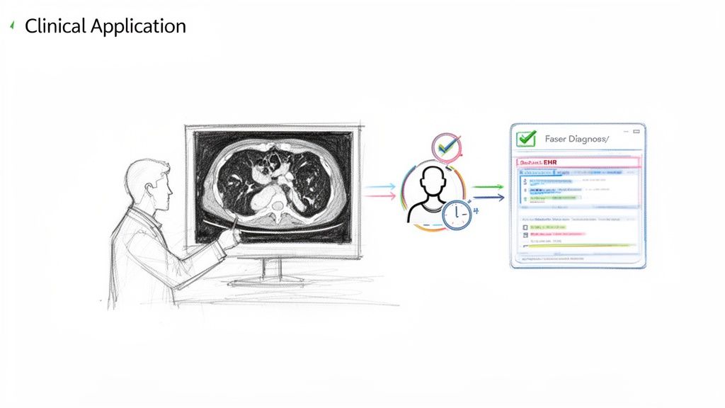 A medical professional analyzes a CT scan on a monitor, leading to a diagnosis within an EHR system.