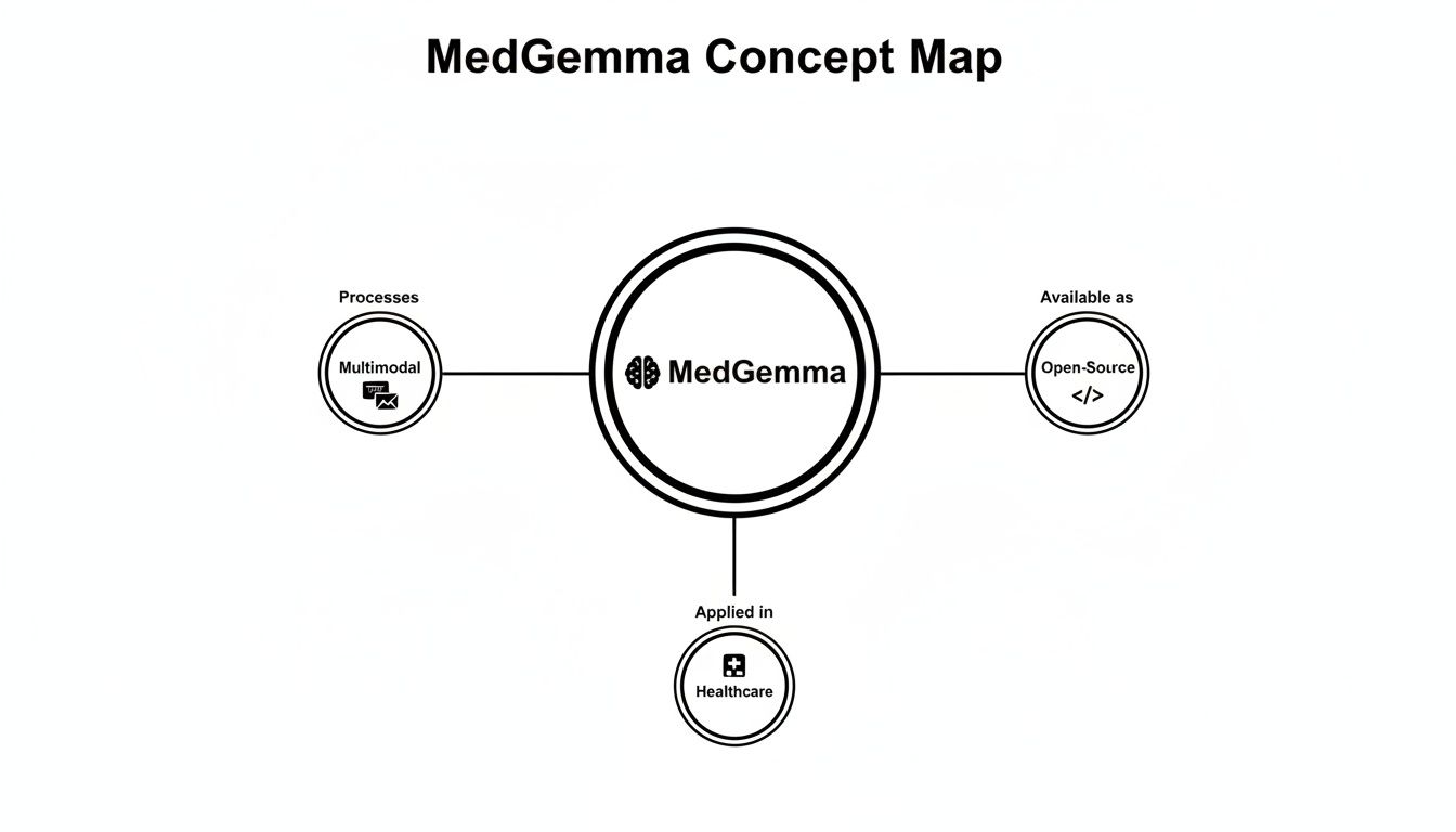 Concept map illustrating MedGemma, detailing its multimodal processes, open-source availability, and application in healthcare.