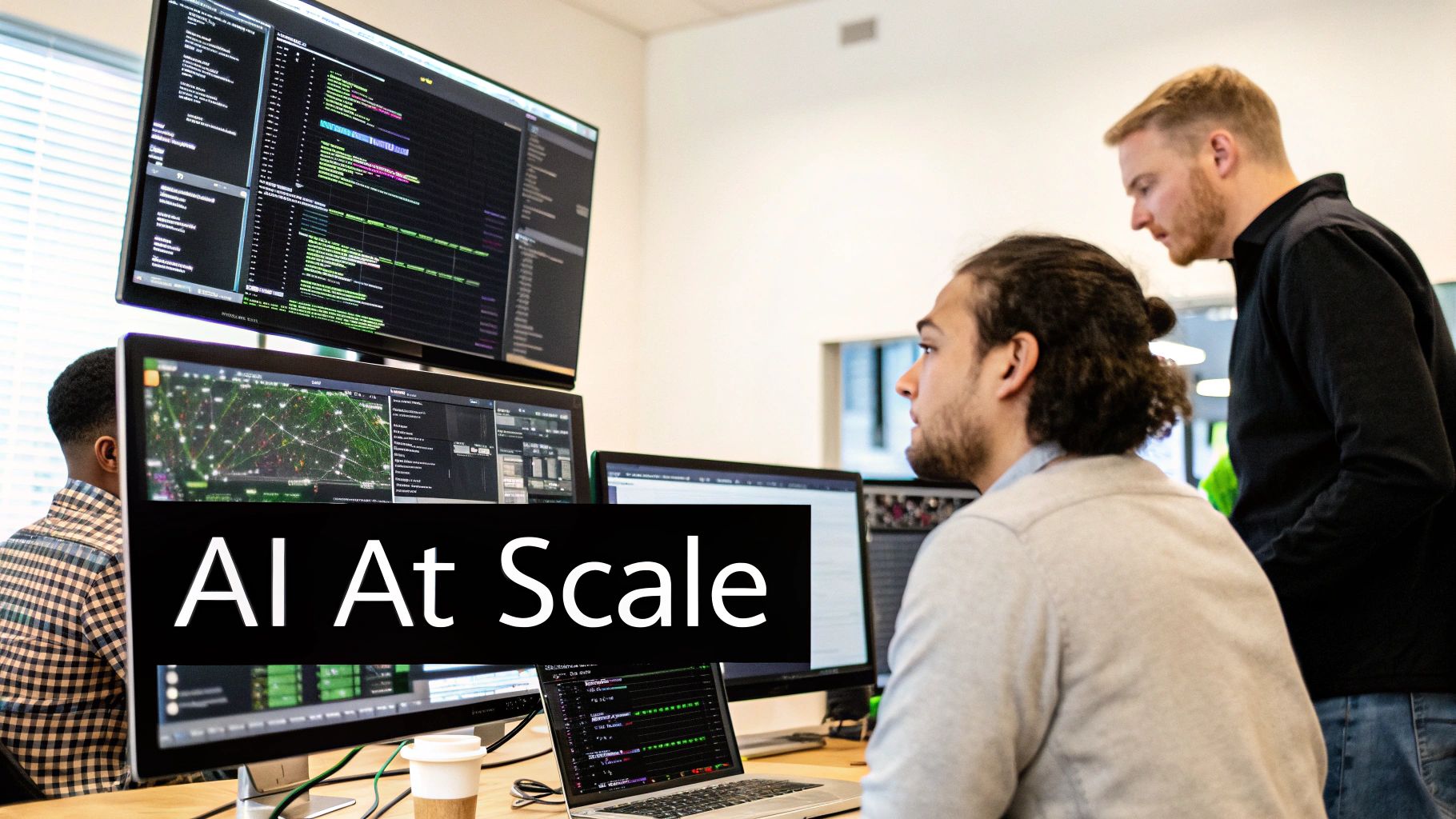 A team of professionals collaborating to solve a complex problem on a whiteboard, representing overcoming AI implementation challenges.