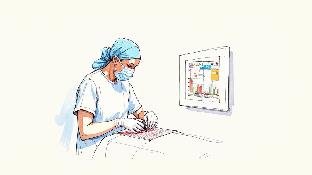 AI and medical professionals collaborating over a futuristic interface.