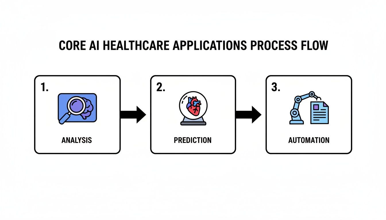 Diagram illustrating core AI healthcare applications process flow: analysis, prediction, and automation.