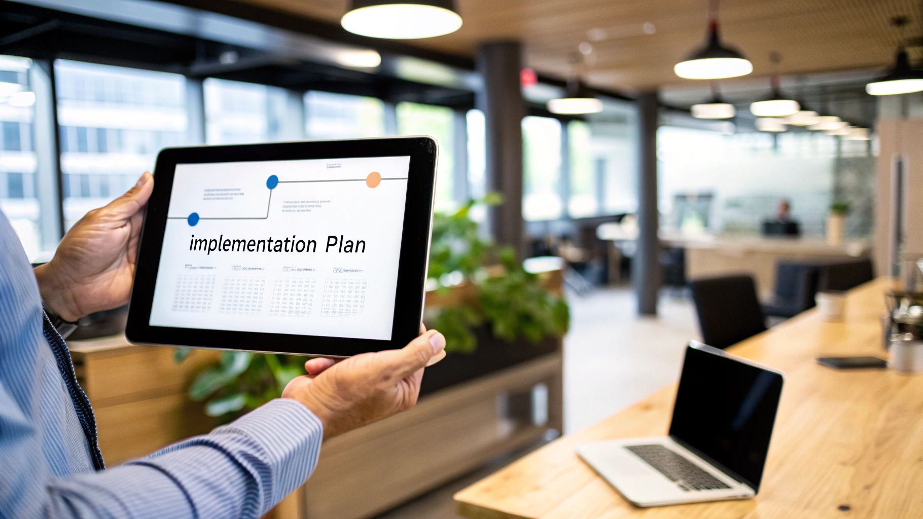 A group of professionals in a meeting, one person is pointing at a transparent screen with data visualisations, signifying a consultant presenting a strategy.