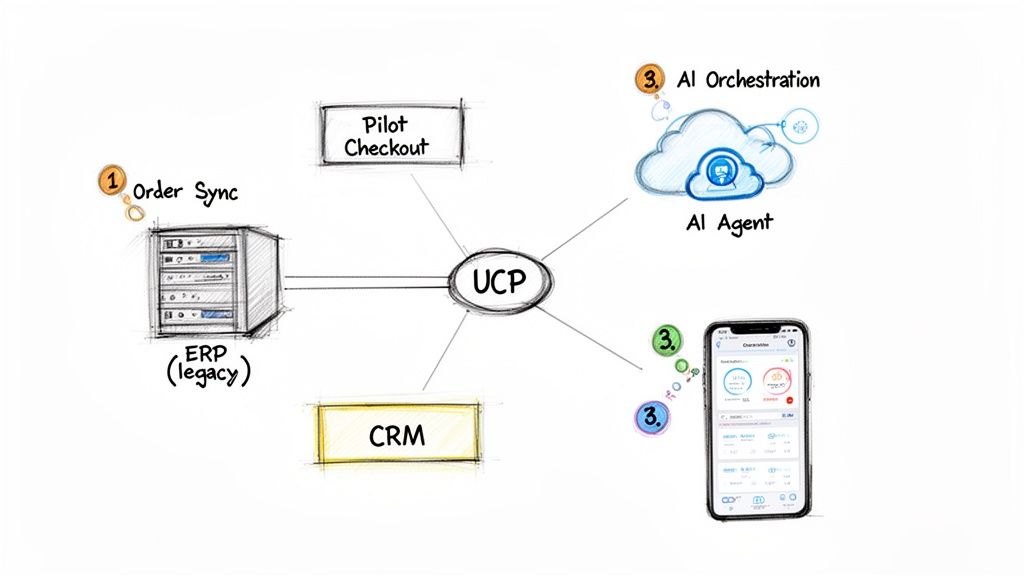 Diagram showing a Universal Commerce Protocol (UCP) integrating ERP, CRM, Pilot Checkout, AI, and a mobile app.