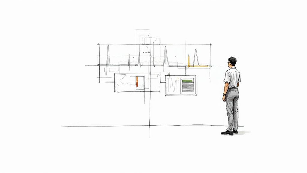 Person observing medical data charts and health analytics displayed on wall-mounted screens