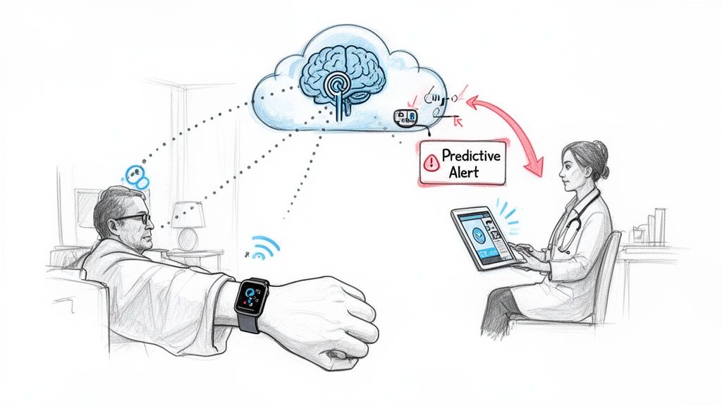 AI-powered telemedicine system connecting patient wearables, cloud intelligence, and doctor alerts for health monitoring.