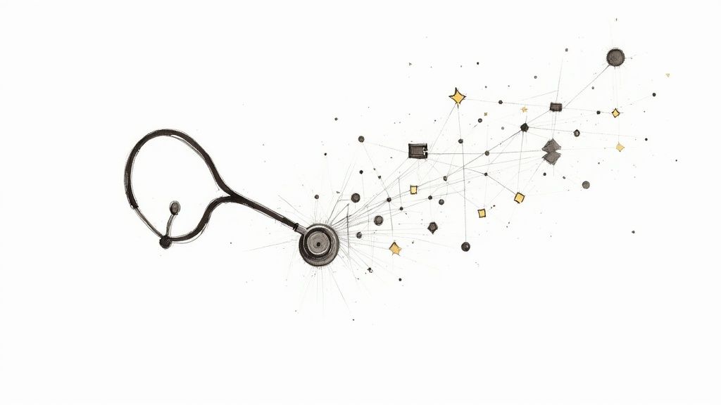 A doctor using a futuristic interface with medical data and AI insights