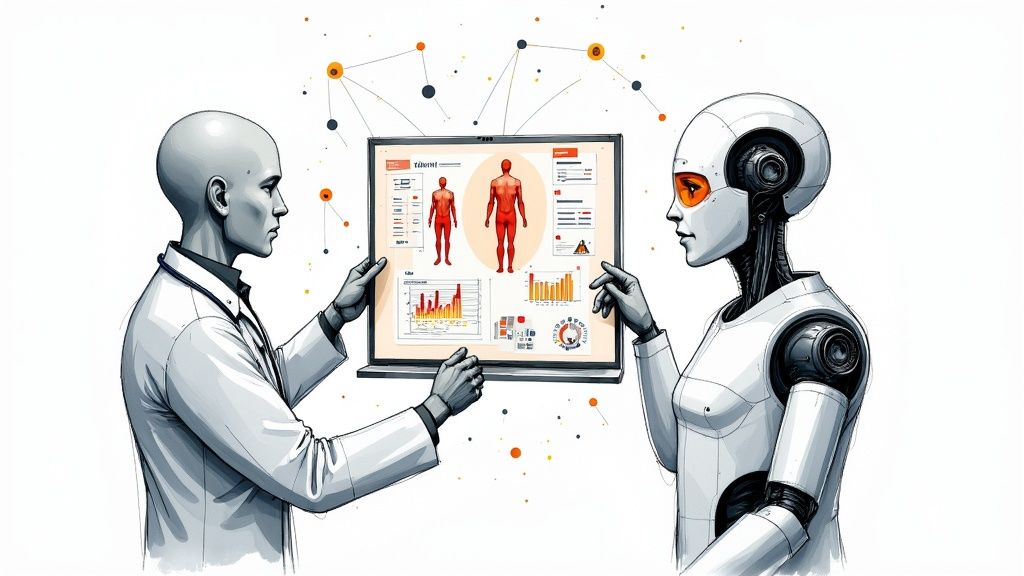 Doctors and engineers reviewing complex medical data on a futuristic interface, illustrating AI in MedTech.