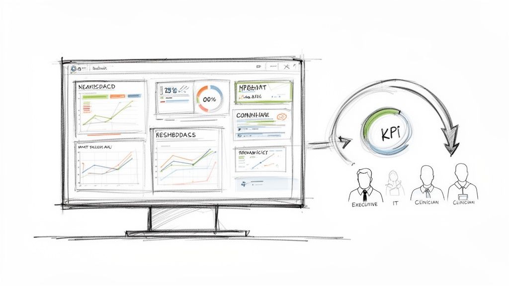 Sketch of a data dashboard and KPI feedback loop impacting executive, IT, and clinical staff.