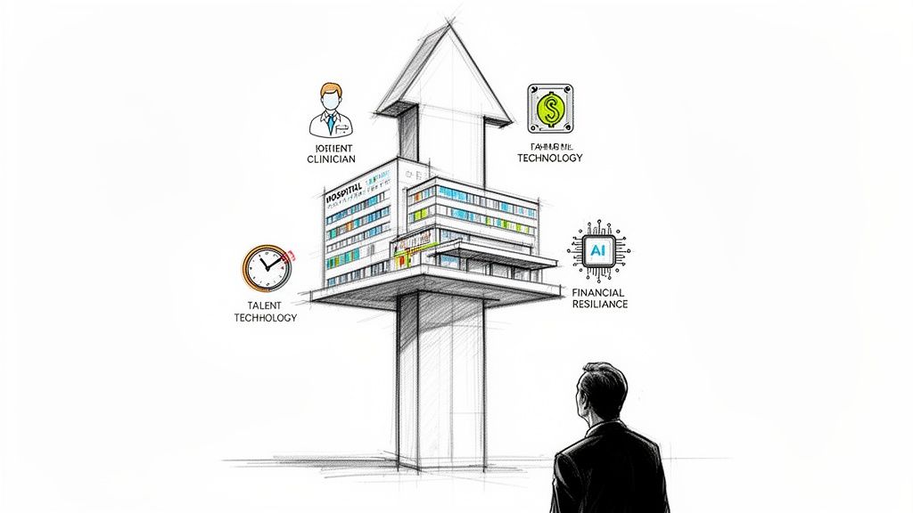 Hospital building supported by pillars like clinicians, talent, technology, and AI, leading to growth and efficiency.