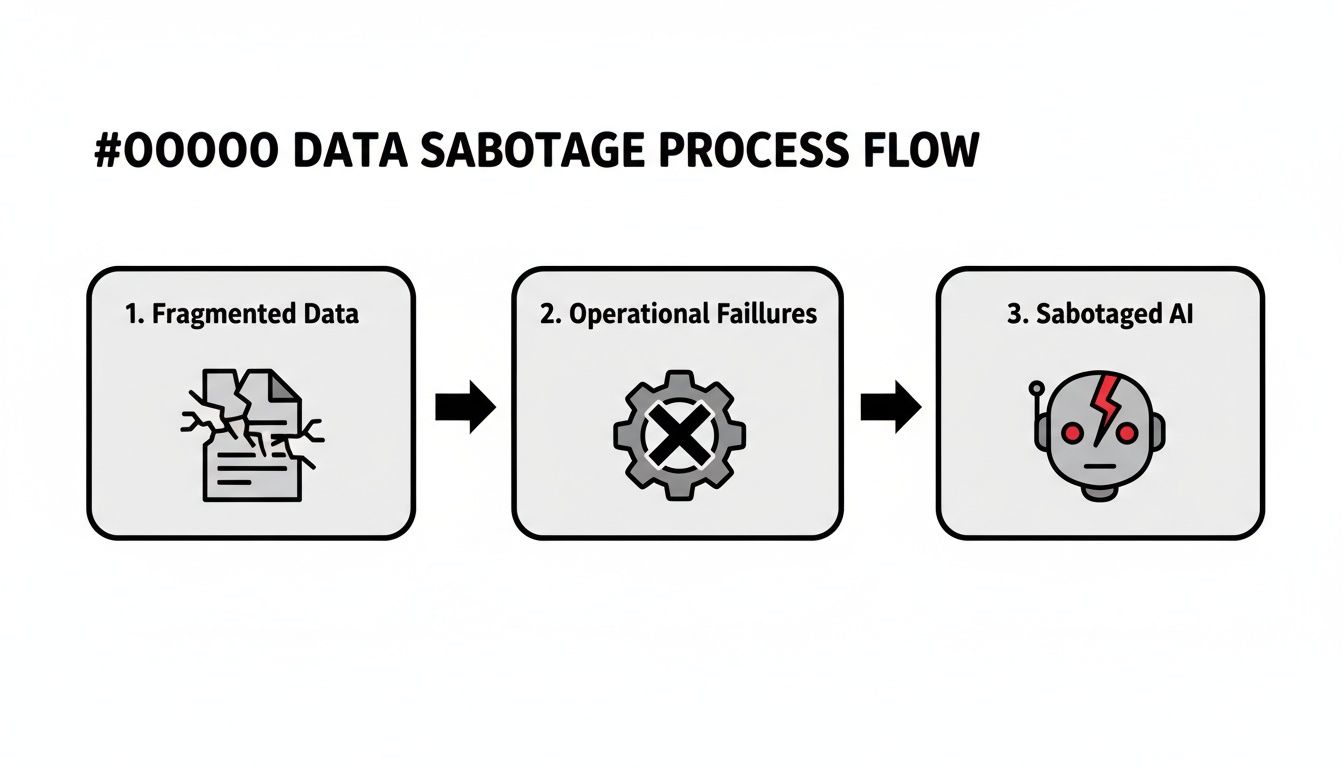 Flowchart showing data sabotage process: fragmented data causes operational failures, leading to sabotaged AI.