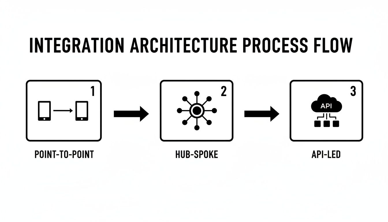 Diagram showing integration architecture evolution: point-to-point, hub-spoke, and API-led process flow.