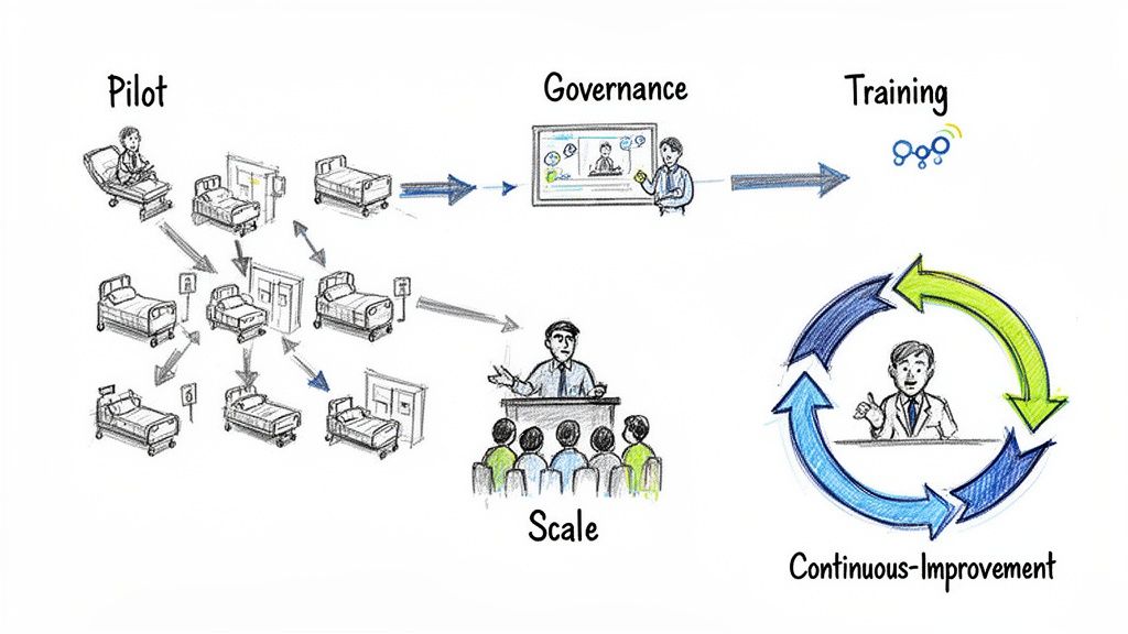 A diagram illustrates a healthcare pilot program scaling, involving governance, training, and continuous improvement stages.