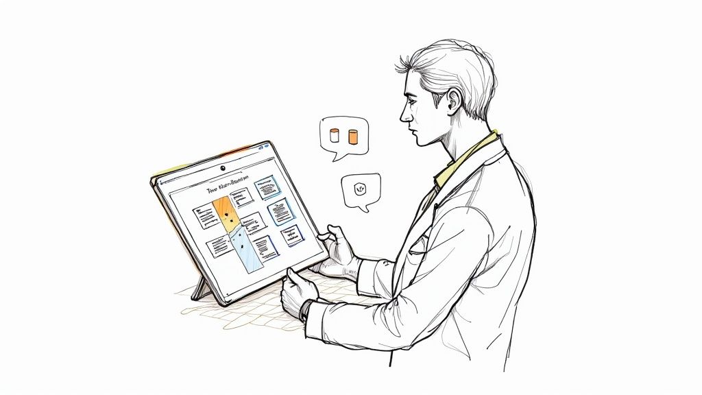 A doctor using a tablet to review patient data with an AI assistant overlay, demonstrating clinical application.