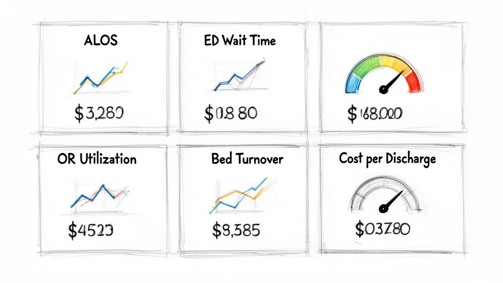 Hand-drawn hospital dashboard showing key operational and financial performance metrics with graphs and values.