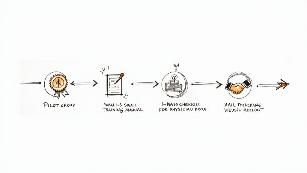 A group of clinicians collaboratively reviewing an AI implementation plan on a digital screen.