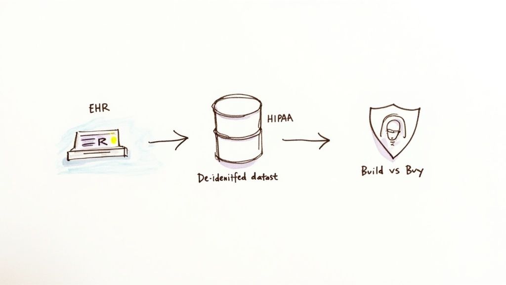 Diagram showing EHR data processed into a HIPAA-compliant de-identified dataset for build vs buy decisions.