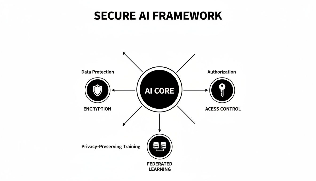 Diagram illustrating a secure AI framework with core components like data protection, authorization, and privacy-preserving training.