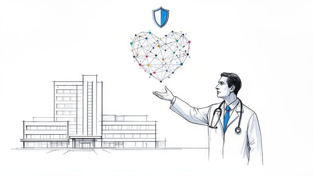 A doctor points to a networked heart and shield above a hospital, symbolizing medical AI and ethics.