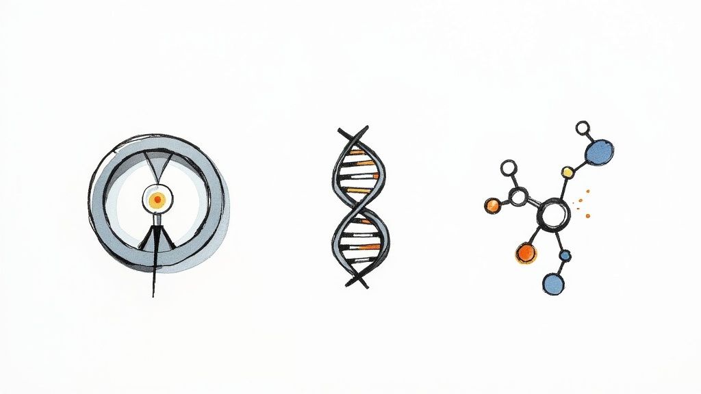 Illustrations of a scientific instrument, a DNA helix, and a molecular structure, representing science and research.