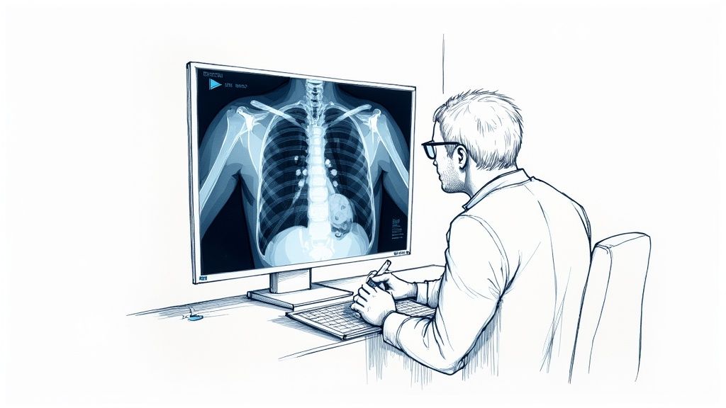 A medical professional analyzes a digital X-ray on a computer monitor with a keyboard and stylus.