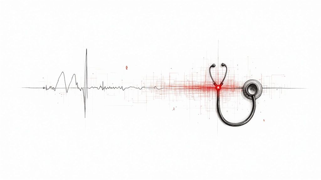 Doctor reviewing patient data on a tablet with AI-generated graphics overlayed.