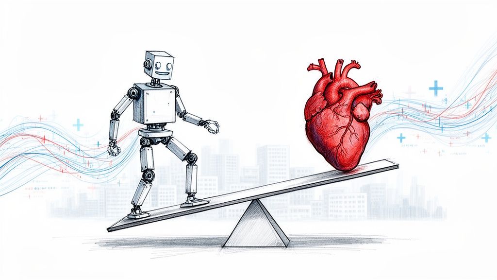 A robot and a human heart balance on a seesaw with a city and data lines in the background.