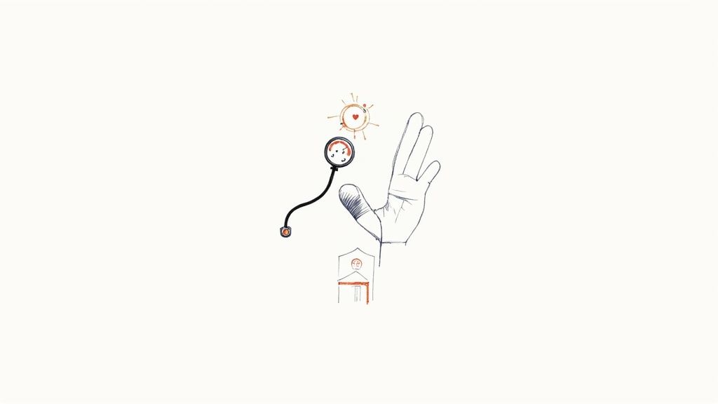 A hand sketch, a pulse oximeter, a sun with a heart, and a small building, symbolizing medical care.