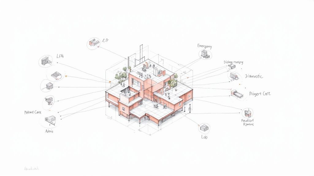 Isometric diagram of modern healthcare facility showing various departments including lab, emergency, patient care, and diagnostic rooms