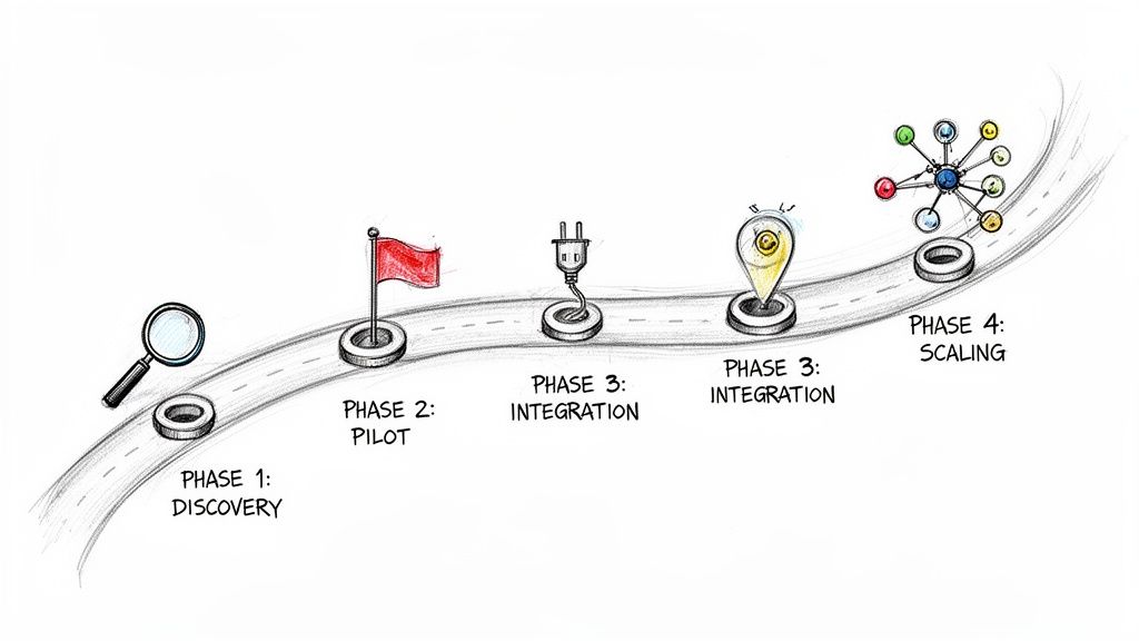A sketched diagram illustrates a four-phase workflow: Discovery, Pilot, Integration, and Scaling.