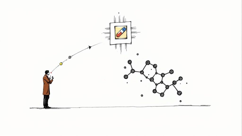 A man observes a trajectory of dots leading to a chip with a pill, beside a molecular structure.